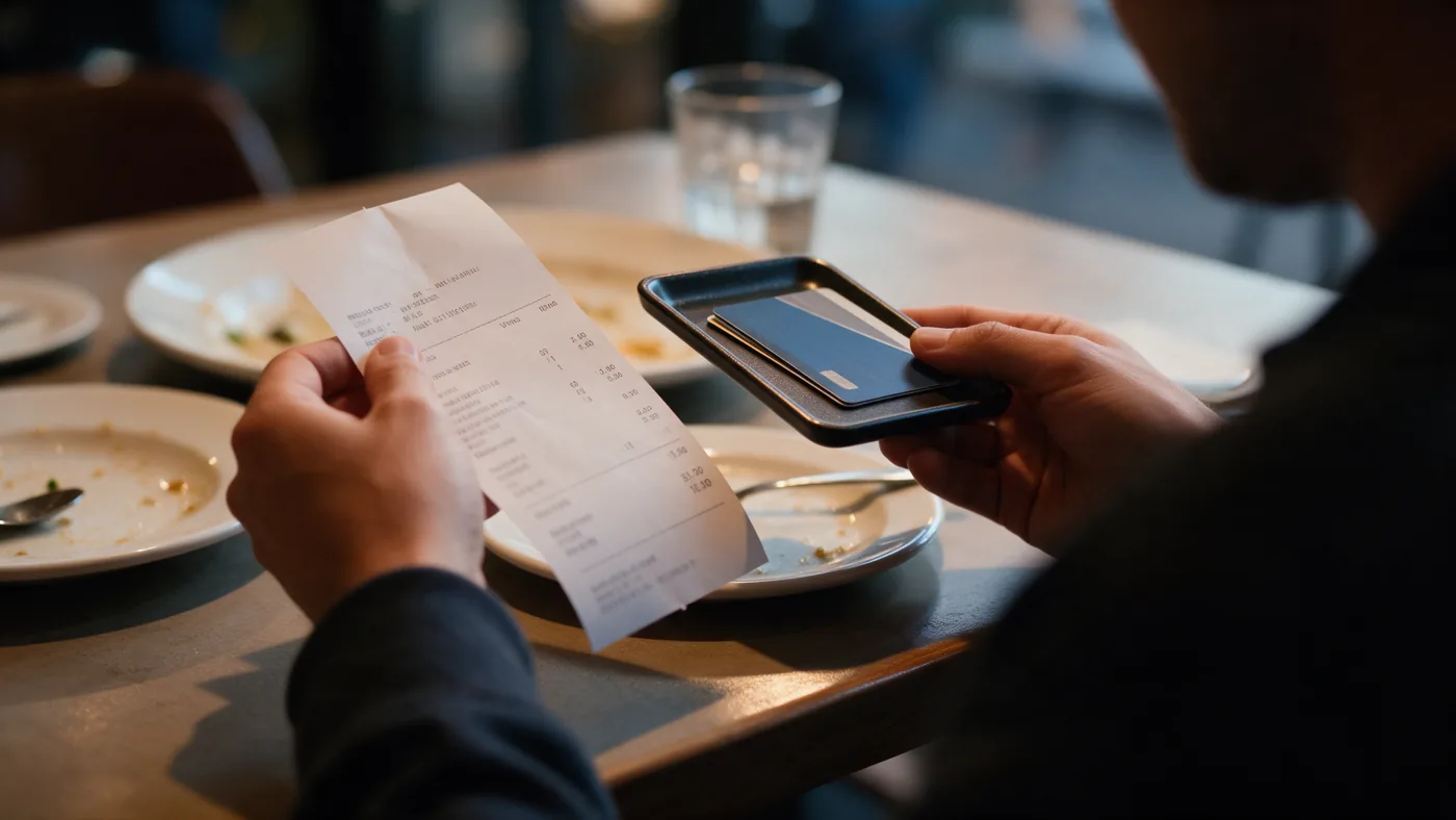 Manos sobre la cuenta en la mesa de un restaurante al terminar la comida